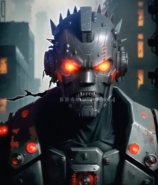 Prompt: Massive black robot in cyberpunk attire, angry expression with red glowing eyes, ripped jaw replaced with robo jaw, sharp teeth, abandoned robot factory, urban cyberpunk setting, industrial machinery in the background, angry and intense gaze, high-tech robotic attire, abandoned setting, anime, cyberpunk, red glowing eyes, sharp teeth, angry expression, urban, industrial, detailed, atmospheric lighting