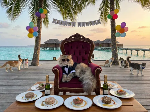 Prompt: A cat having a lavish party in the Maldives 