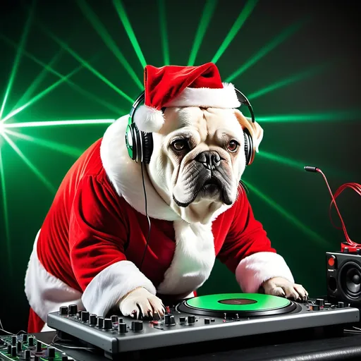 Prompt: A dog dress as santa, DJing a christmas party. Make it at a big party, with a crowd behind him, and green and red laser lights behind him. GIve me a fake santa beard too and head phones
