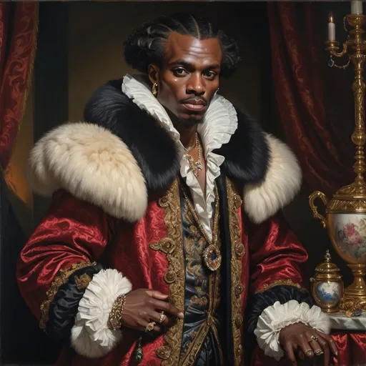 Prompt: 17th-century pimp with black skin, thin figure, severe cheekbones, jewel teeth, fur coat, adorned with rings and large dagger, two scantily dressed girls standing beside him, oil painting, detailed facial features, opulent and rich, dramatic lighting, baroque style, rich color palette, high quality, oil painting, detailed anatomy, dramatic lighting, opulent, baroque, rich colors, luxurious fur coat, detailed facial expressions