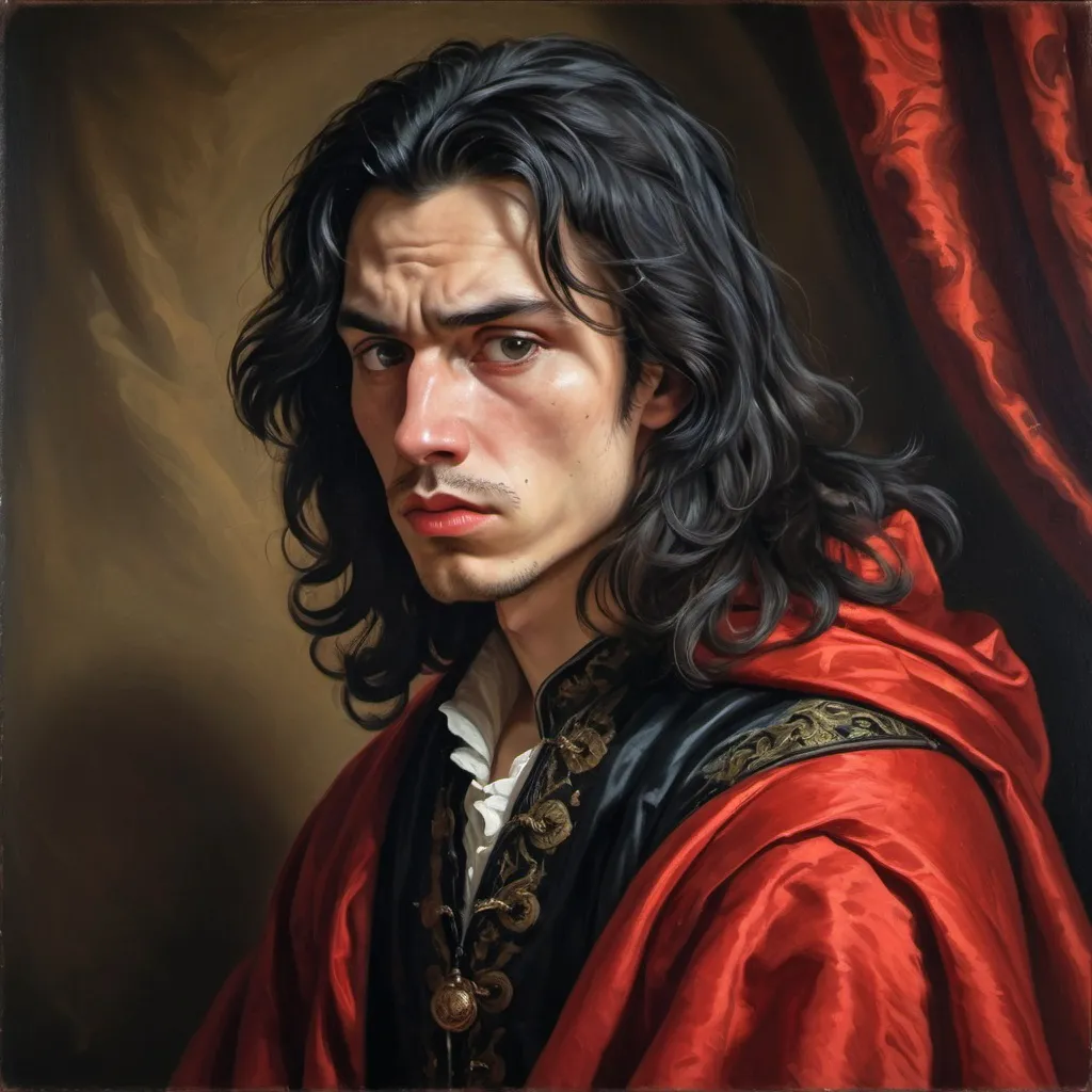 Prompt: Young man with long black hair and a curved nose, wearing 17th-century black clothing, upset expression, red cloak, detailed fabric texture, high-quality, oil painting, historical, dramatic lighting, intense gaze, detailed facial features, somber mood, rich color tones, traditional style, baroque, dramatic shadows