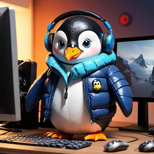 Prompt: penguin with puffer jacket on gaming on a PC with headphones on