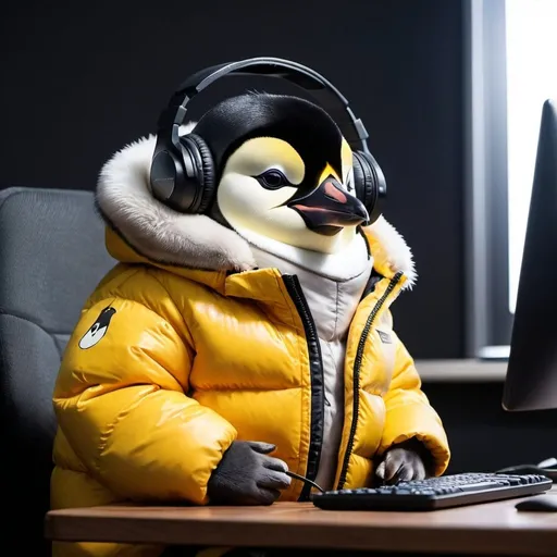 Prompt: emperor penguin with puffer jacket on gaming on a PC with headphones on