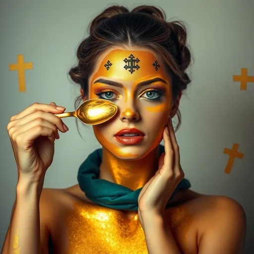 Prompt: a woman with gold makeup and gold paint on her face and hands holding a gold spoon to her face, Alberto Seveso, lyco art, gold, a photorealistic painting