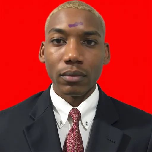 Prompt: A young man with short, bleached blonde hair and a striking purple mark on his forehead stands confidently against a bold red background. He is dressed in a sharp black suit and a crisp white dress shirt, complemented by a patterned red tie that adds a touch of color to his attire. His expression is serious yet poised, conveying a sense of determination. The image’s composition focuses closely on his face and upper body, emphasizing his features and the formal nature of his outfit, while the vibrant background enhances the overall visual impact, creating a sense of authority and presence. The lighting is even, highlighting his facial structure and drawing attention to his confident gaze.