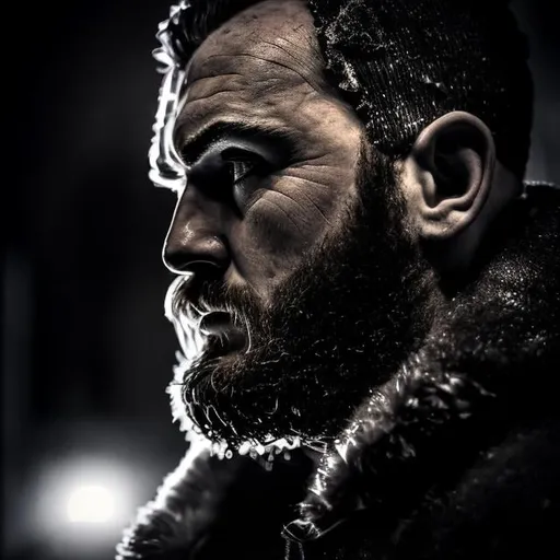 Prompt: Dark and frosty night, bouncer on the door, bold head reflects moonlight, deep contemplation, tranquility and determination, inner and outer scars, broken heart, yearning for love, beard and owl ears, facial scars, eastern european male, hard and heavy set, sad smile  

