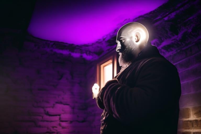 Prompt: Dark and frosty night, bouncer on the door, bald head reflects moonlight, deep contemplation, tranquility and determination, inner and outer scars, broken heart, yearning for love, beard and owl ears, facial scars, eastern european male, hard and heavy set, sad smile  

