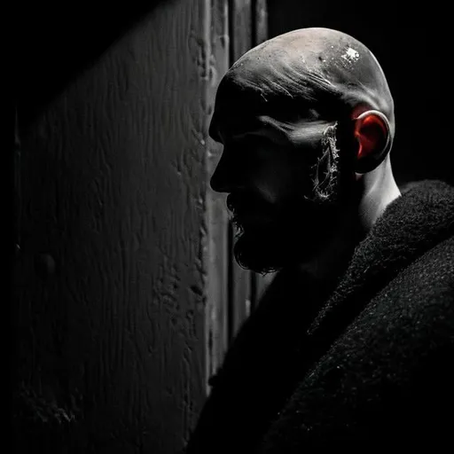 Prompt: Dark and frosty night, bouncer on the door, bald head reflects moonlight, deep contemplation, tranquility and determination, inner and outer scars, broken heart, yearning for love, beard and owl ears, facial scars, eastern european male, hard and heavy set, sad smile  

