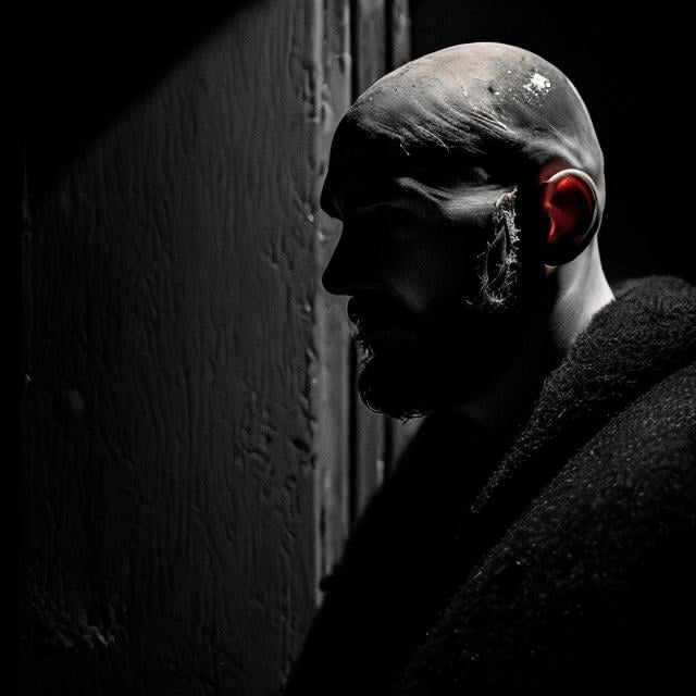 Prompt: Dark and frosty night, bouncer on the door, bald head reflects moonlight, deep contemplation, tranquility and determination, inner and outer scars, broken heart, yearning for love, beard and owl ears, facial scars, eastern european male, hard and heavy set, sad smile  

