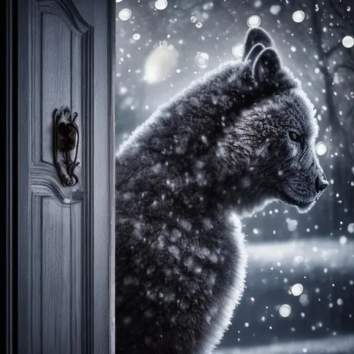 Prompt: Dark and frosty night, bouncer on the door, bold head reflects moonlight, deep contemplation, tranquility and determination, 
