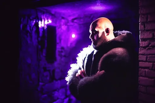 Prompt: Dark and frosty night, bouncer on the door, bald head reflects moonlight, deep contemplation, tranquility and determination, inner and outer scars, broken heart, yearning for love, beard and owl ears, facial scars, eastern european male, hard and heavy set, sad smile  

