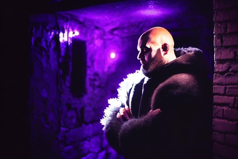 Prompt: Dark and frosty night, bouncer on the door, bald head reflects moonlight, deep contemplation, tranquility and determination, inner and outer scars, broken heart, yearning for love, beard and owl ears, facial scars, eastern european male, hard and heavy set, sad smile  

