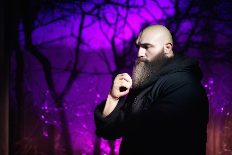 Prompt: Dark and frosty night, bouncer on the door, bald head reflects moonlight, deep contemplation, tranquility and determination, inner and outer scars, broken heart, yearning for love, beard and owl ears, facial scars, eastern european male, hard and heavy set, sad smile  

