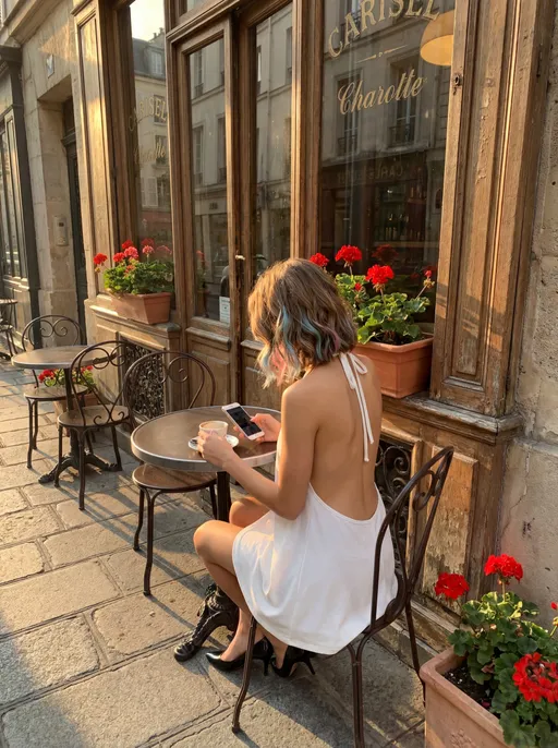 Prompt: Candid cellphone photo, shot from back and side, of @a3DApnbHo8AuUZmE5hqZhaving coffee seated at a table right outside the shop window of a traditional Paris coffee shop. She types in her cellphone. Golden hour soft lighting.