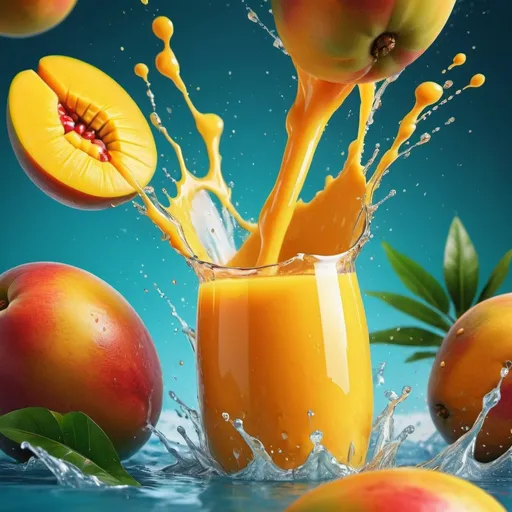 Prompt: Juicy mango juice splashing, vibrant and refreshing, high-speed capture, ultra-detailed, realistic illustration, vibrant colors, dynamic motion, high quality, digital painting, juicy fruits, refreshing splash, vibrant colors, detailed liquid, realistic, summer vibes, tropical fruit, energetic, dynamic composition