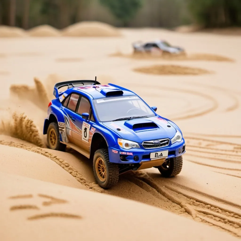 Prompt: Rc Rally Subaru Tamiya on sand track and TEXT WELCOME
