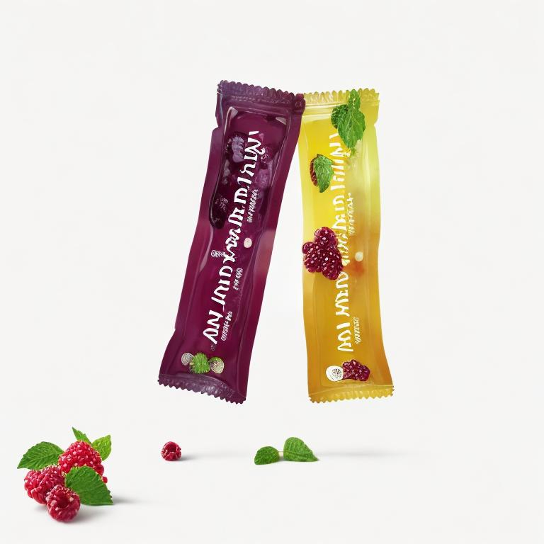 Prompt: Make the image reference into a jelly strip packaging with mulberry flavour