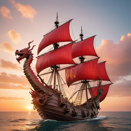 Prompt: Large galleon, on the sea, sunset, dragon figurehead, red sails