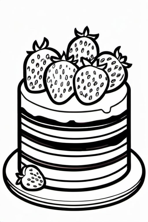 Prompt: a delicious chocolate cake with strawberries, colouring page, line art, clean line art, clean outline, sketch style, cartoon style, one line, line drawing style, strong black outline, black and white