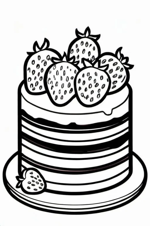 Prompt: a delicious chocolate cake with strawberries, colouring page, line art, clean line art, clean outline, sketch style, cartoon style, one line, line drawing style, strong black outline, black and white