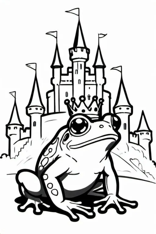 Prompt: a fantasy frog with a crown by a castle, colouring page, line art, clean line art, clean outline, white background, strong black outline, sketch style, one line, line drawing style