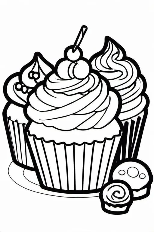 Prompt: a dish full of cupcakes with small candies, colouring page, line art, clean line art, clean outline, strong black outline, sketch style, one line, line drawing style, black and white