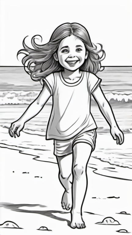 Prompt: girl playing on the beach, coloring book page, whole body, line art, clean lines, strong black outline, sketch style, white background, radiant, realistic style, coloring pages, black and white, detailed surroundings, sunny day, joyful expression, beach activities, kids illustration