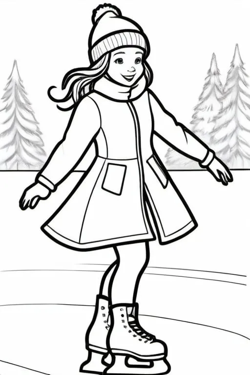 Prompt: a beautiful young girl ice skating, colouring page, line art, clean line art, sketch style, easy to colour, clean black outline