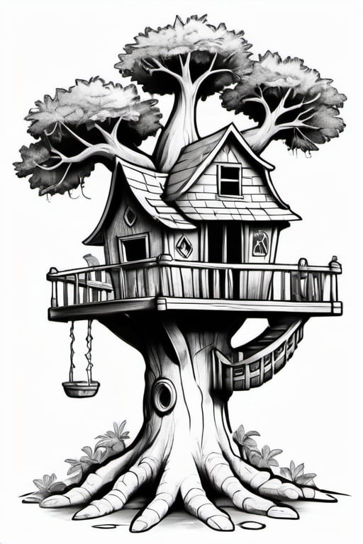 Prompt: an old fantasy tree house, colouring page, line art, clean line art, clean outline, white background, strong black outline, sketch style, one line, line drawing style