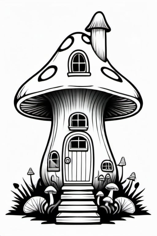 Prompt: a fantastic mushroom house, colouring page, line art, clean line art, clean outline, white background, strong black outline, sketch style, one line, line drawing style