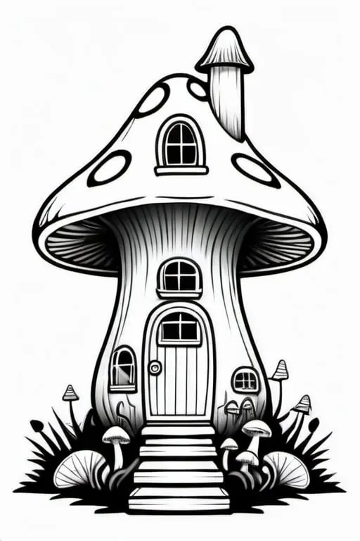 Prompt: a fantastic mushroom house, colouring page, line art, clean line art, clean outline, white background, strong black outline, sketch style, one line, line drawing style