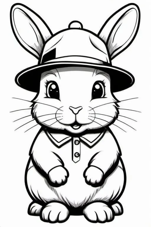 Prompt: a cute rabbit with hat, colouring page, line art, clean line art, clean outline, strong black outline, sketch style, line drawing style, easy to colour, for kids