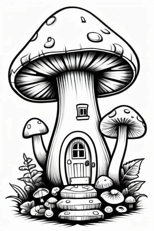 Prompt: a fantastic mushroom house, colouring page, line art, clean line art, clean outline, white background, strong black outline, sketch style, one line, line drawing style