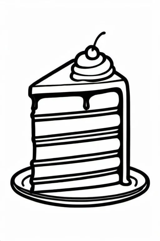 Prompt: a delicious piece of cake, colouring page, line art, clean line art, clean outline, strong black outline, cartoon style, sketch style, one line, line drawing style, black and white