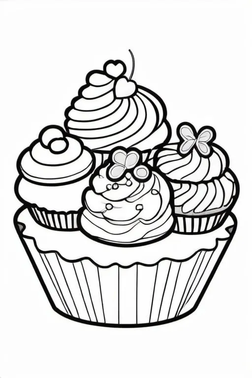 Prompt: a dish full of cupcakes with small candies, colouring page, line art, clean line art, clean outline, strong black outline, sketch style, one line, line drawing style, black and white