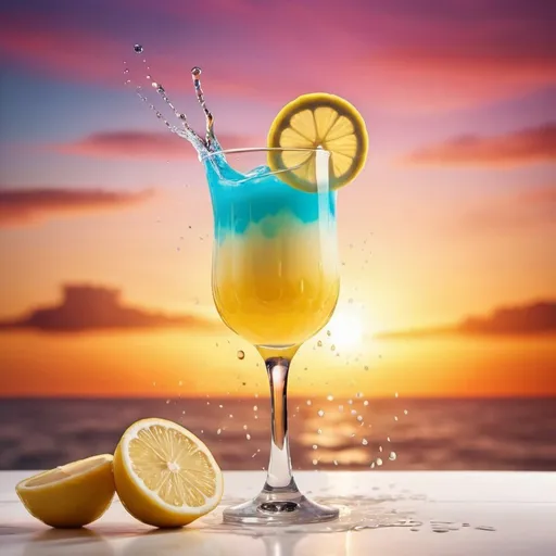 Prompt: a summer creamy cocktail with slices of lemon fruit coming out of the glass, colourfull drops in the air, sunset background