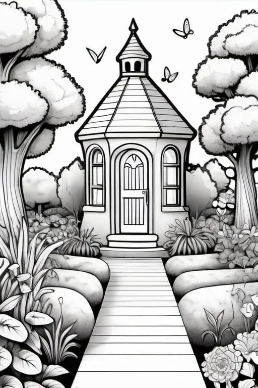 Prompt: magic garden yard, colouring page, line art, clean line art, clean outline, strong black outline, sketch style, line drawing style, simple detail, black and white, white background