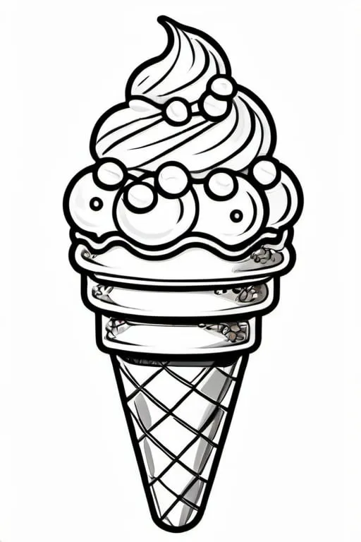 Prompt: a delicious ice cream cone with candies, colouring page, line art, clean line art, clean outline, strong black outline, cartoon style, sketch style, one line, line drawing style, black and white