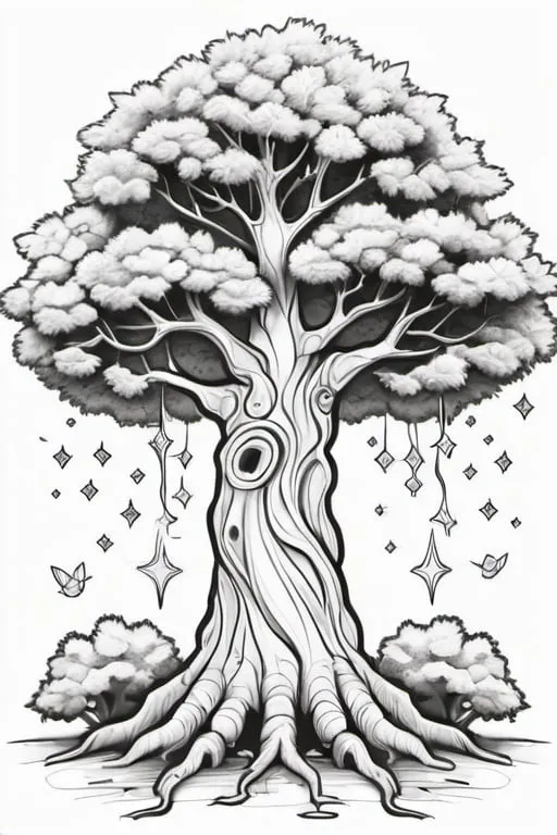 Prompt: magic tree, colouring page, line art, clean line art, clean outline, strong black outline, sketch style, line drawing style, simple detail
