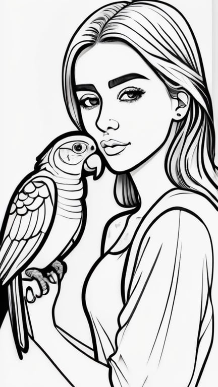 Prompt: a beautiful girl with her parrot, colouring page, simple line art, white background, one line, line art, clean strong outline, line drawing style, easy to colour