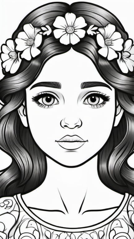 Prompt: a colouring book page for kids, a beautifull girl with floral crown, white background, line art, strong black outline, black and white, no colours