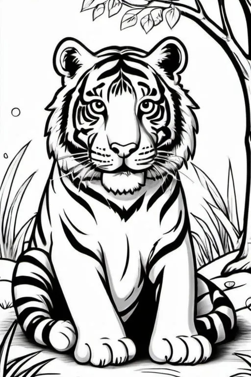 Prompt: a frindly tiger, colouring page, line art, clean line art, clean outline, strong black outline, sketch style, line drawing style, easy to colour, for kids