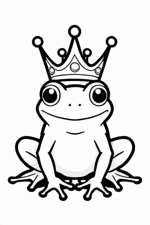 Prompt: a frog with a crown, colouring page, line art, clean line art, clean outline, strong black outline, sketch style, line drawing style, easy to colour, for kids