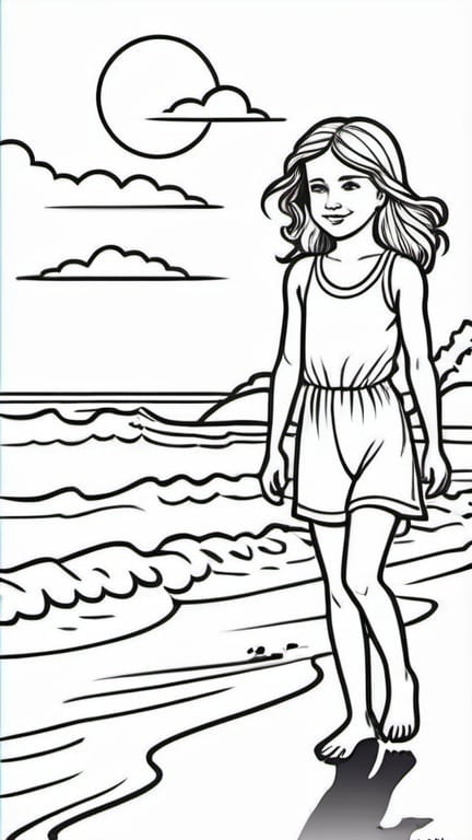 Prompt: a colouring book page for kids, a girl on the beach on a sunny day, black and white, line art, strong black outline, white background, sketch style, colouring pages, black lines