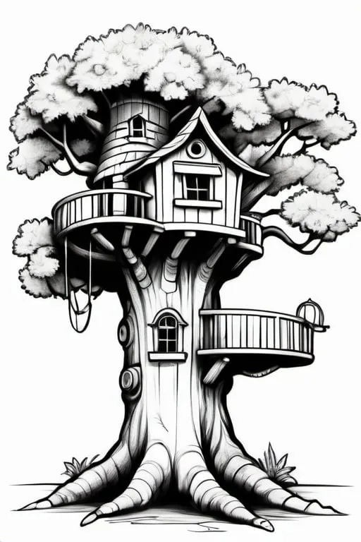 Prompt: an old fantasy tree house, colouring page, line art, clean line art, clean outline, white background, strong black outline, sketch style, one line, line drawing style