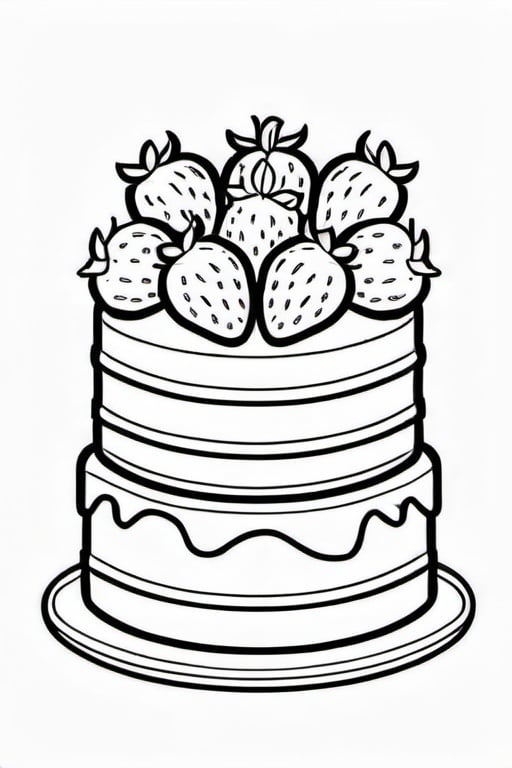 Prompt: a delicious cake with strawberries, colouring page, line art, clean line art, clean outline, sketch style, cartoon style, one line, line drawing style, strong black outline, black and white