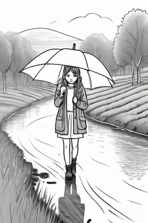 Prompt: a beautiful young girl on a rainy landscape, colouring page, line art, clean line art, one line, clean black outline, sketch style, drawing line art