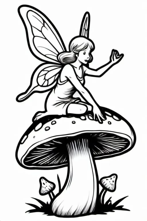 Prompt: a fairy flying over a mushroom, colouring page, line art, clean line art, clean outline, white background, strong black outline, sketch style, one line, line drawing style