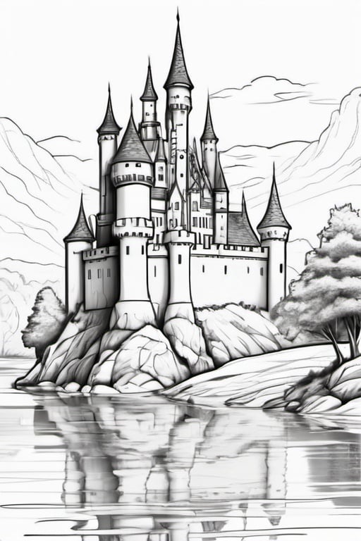 Prompt: a fantasy castle by the river, colouring page, line art, clean line art, clean outline, white background, strong black outline, sketch style, one line, line drawing style