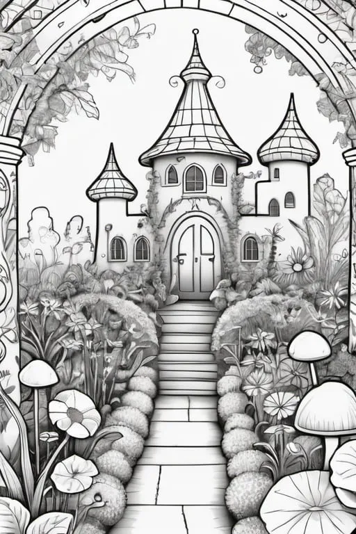 Prompt: magic garden, colouring page, line art, clean line art, clean outline, strong black outline, sketch style, line drawing style, white background